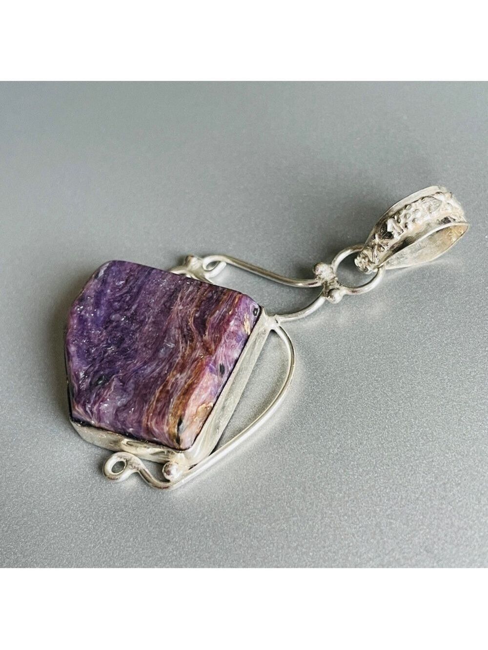 Natural Charoite Purple Nugget Sterling Silver Vintage Pendant for Neckl… - Picture 4 of 12